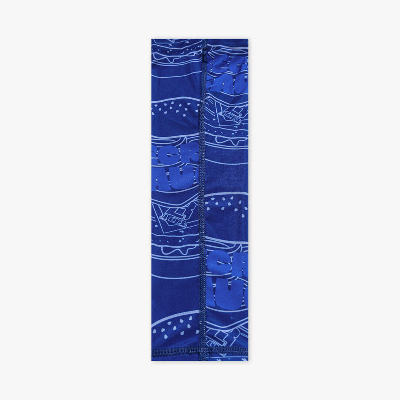 Blue arm sleeve with allover burger line art pattern laid flat showing back seam with navy stitching on white background