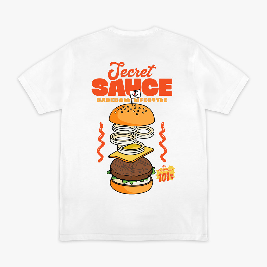 White t-shirt with a colorful burger graphic and 'Secret Sauce' text on a white background