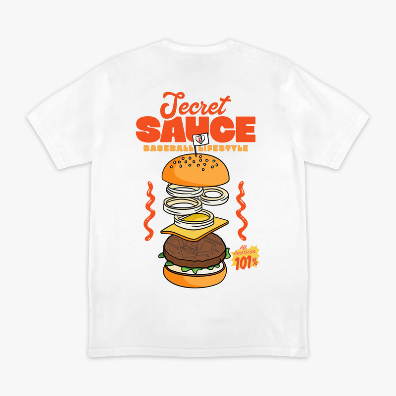 White t-shirt with a colorful burger graphic and 'Secret Sauce' text on a white background
