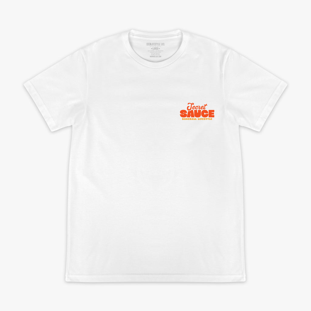 White t-shirt with 'Secret Sauce' text in red on a white background