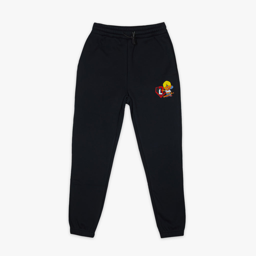 Black sweatpants with Pablo Sanchez design and BL101 logo on a white background