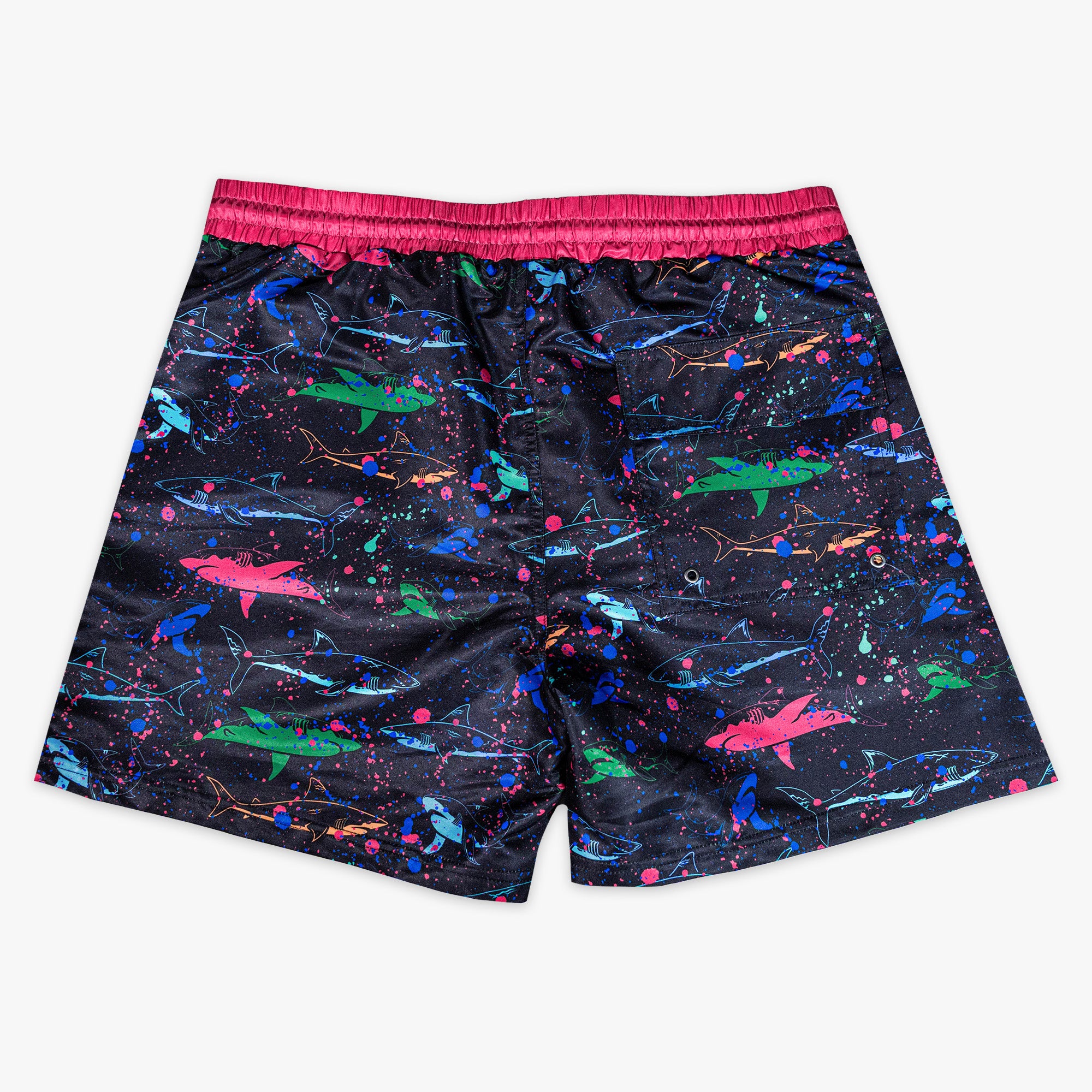 Rear view of BL101 black neon shark swim shorts on a white background, showing the back pocket with grommet drain.