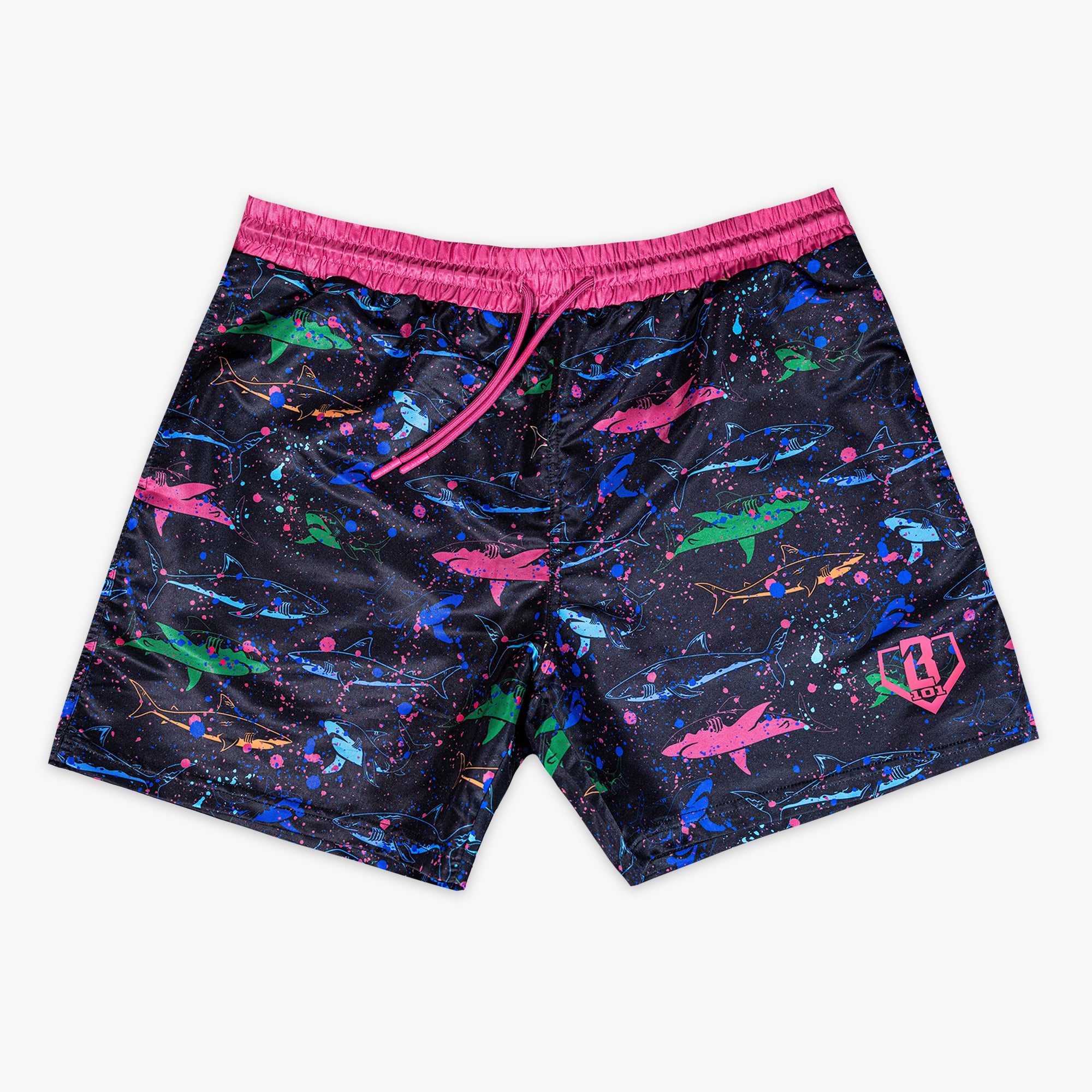 Front flat lay of BL101 black neon shark swim shorts on a white background with pink waistband and BL101 logo.
