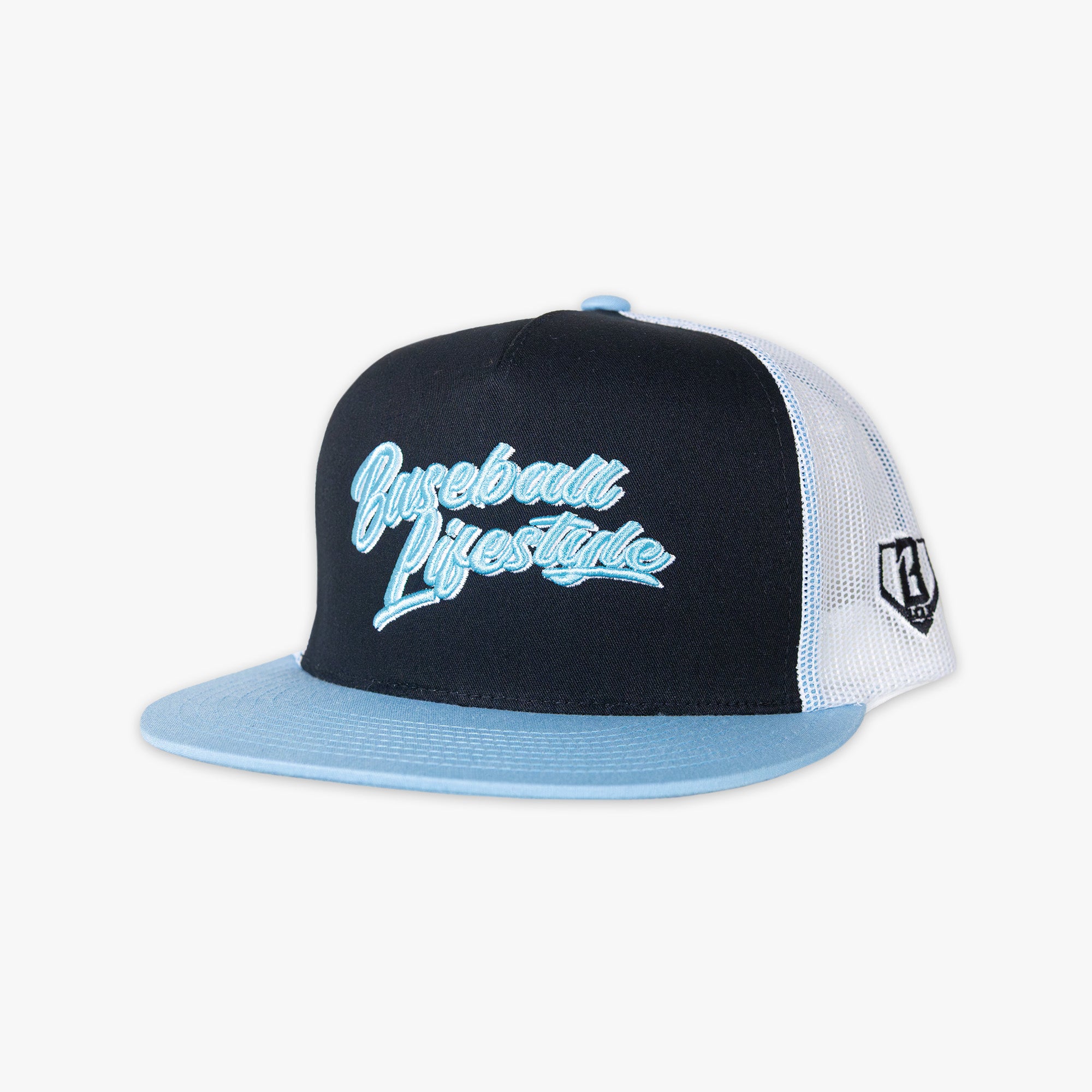 Black, white and blue mesh cap with 'Baseball Lifestyle' logo on front