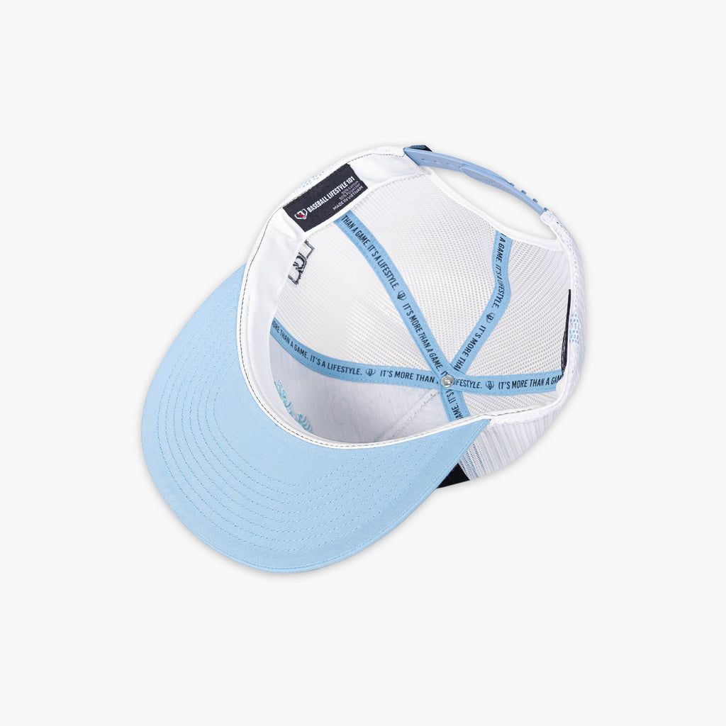 Light blue and white cap with Baseball Lifestyle 101 tag on a white background