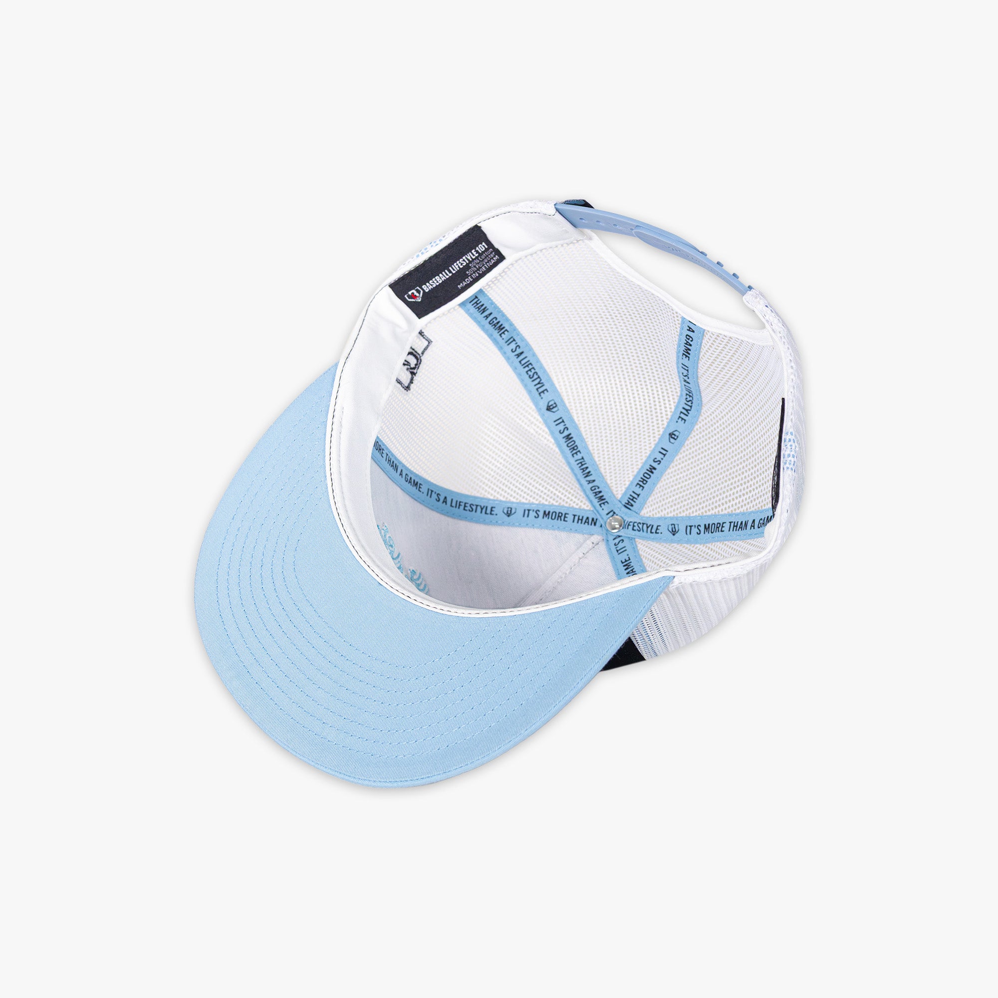 Light blue and white cap with Baseball Lifestyle 101 tag on a white background