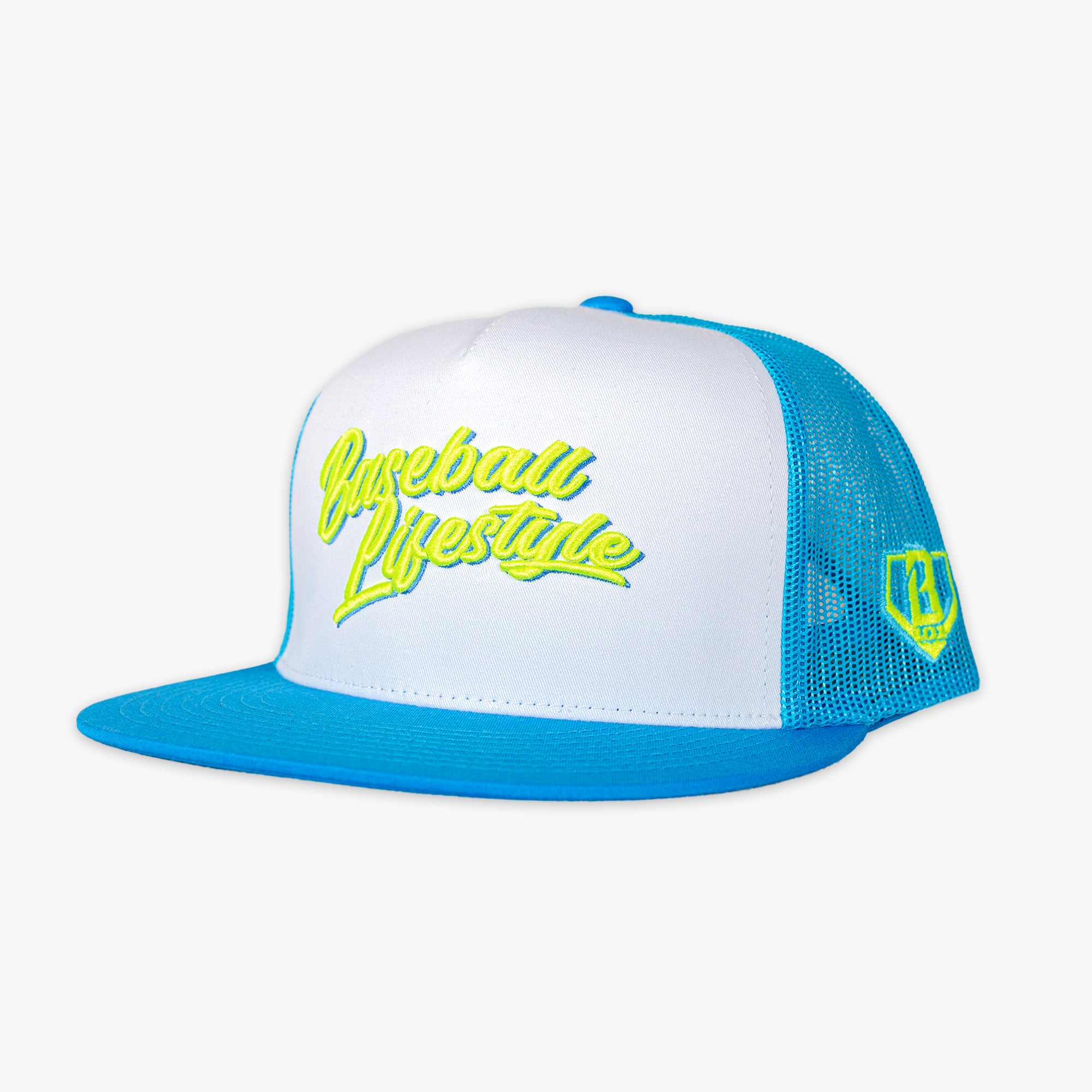 White, neon yellow and blue cap with 'Baseball Lifestyle' text on a white background