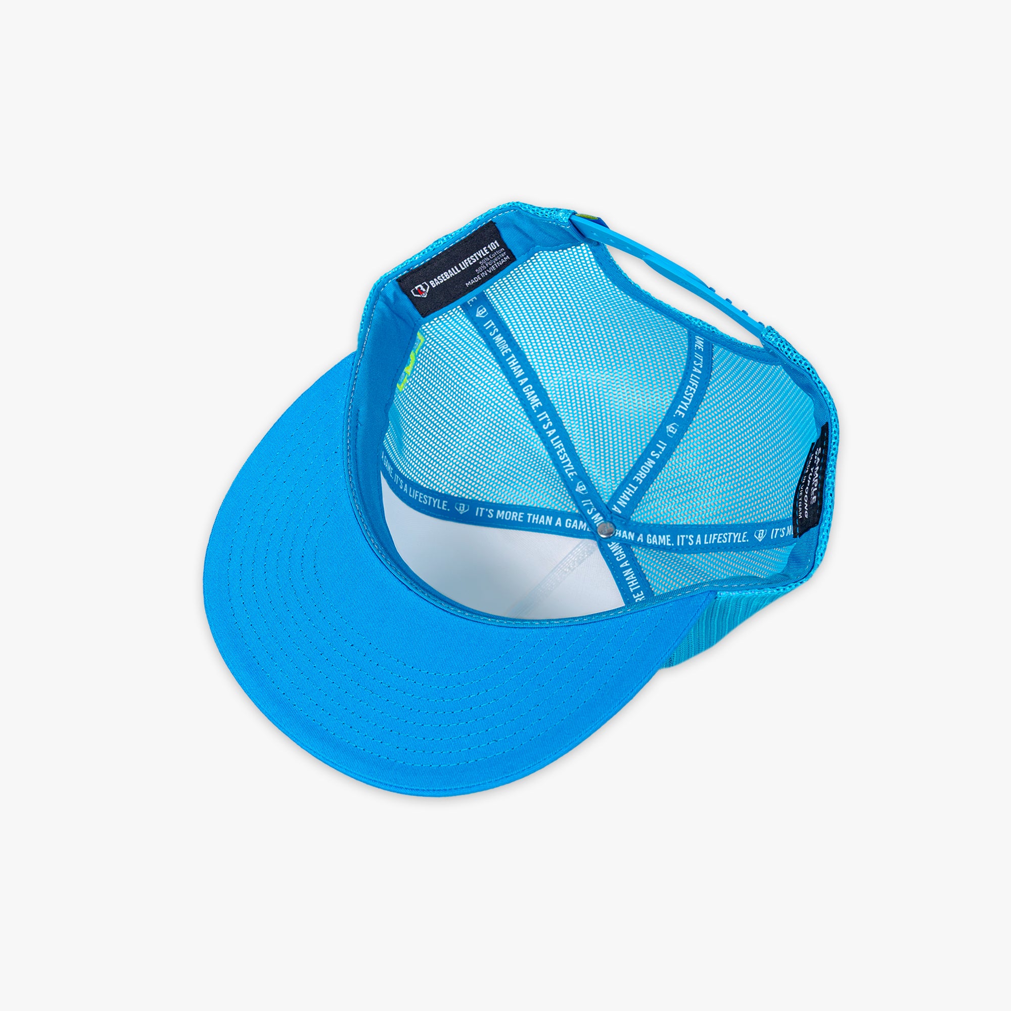 Blue cap with mesh back and Baseball Lifestyle 101 tag on a white background