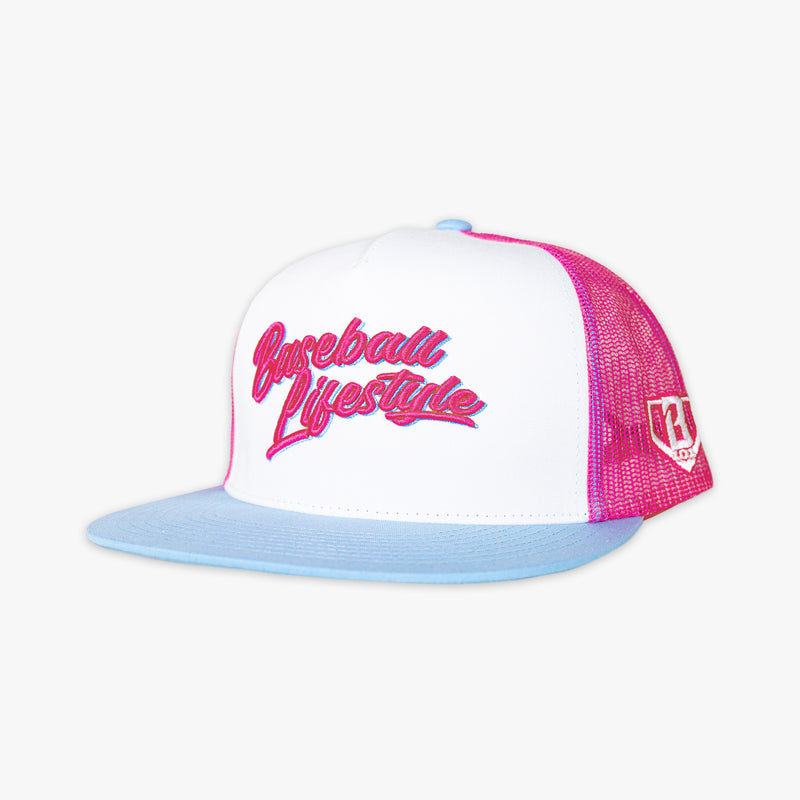 Baseball Lifestyle cap with pink and blue color way on a white background