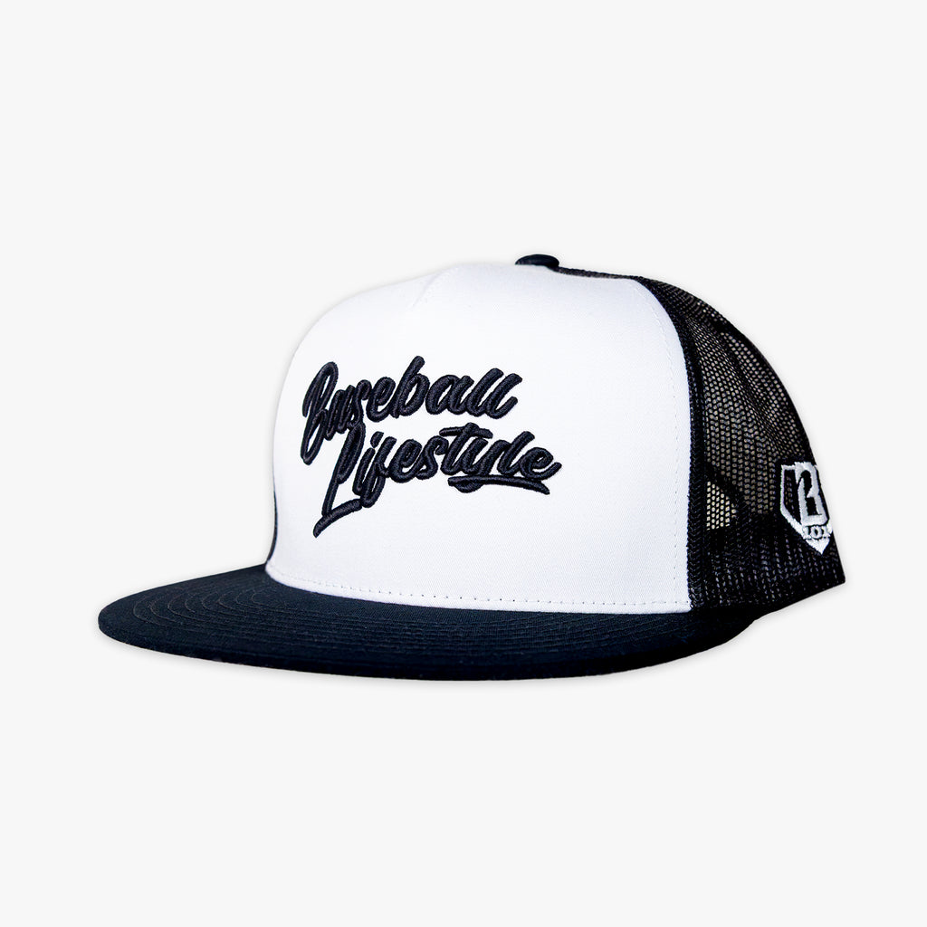 White and black cap with 'Baseball Lifestyle' text on a white background
