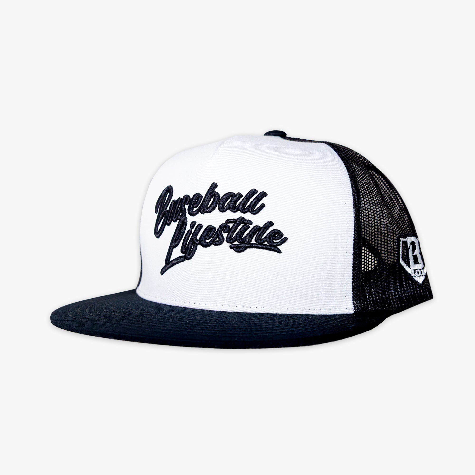 White and black cap with 'Baseball Lifestyle' text on a white background