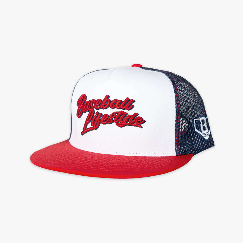 Red, white and blue cap with 'Baseball Lifestyle' logo on a white background