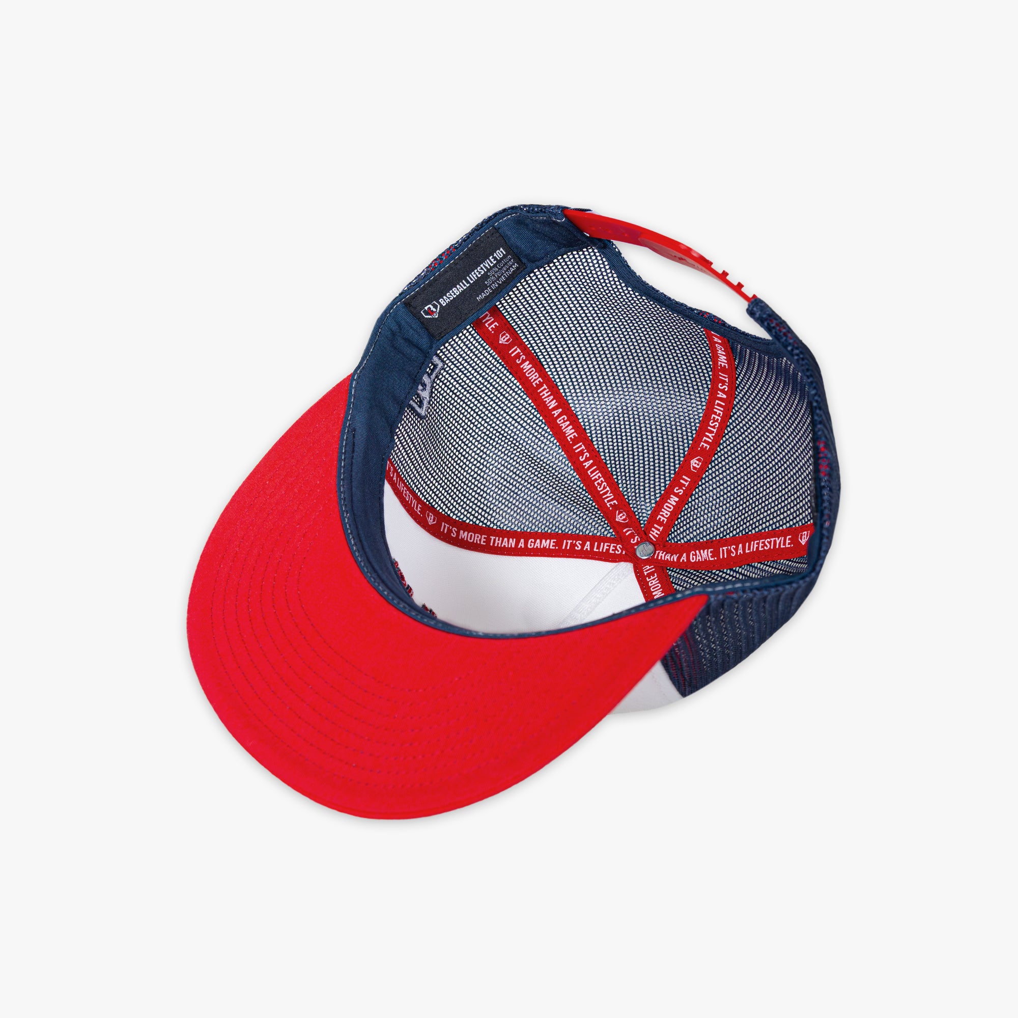 Red, white and blue cap with mesh back on a white background