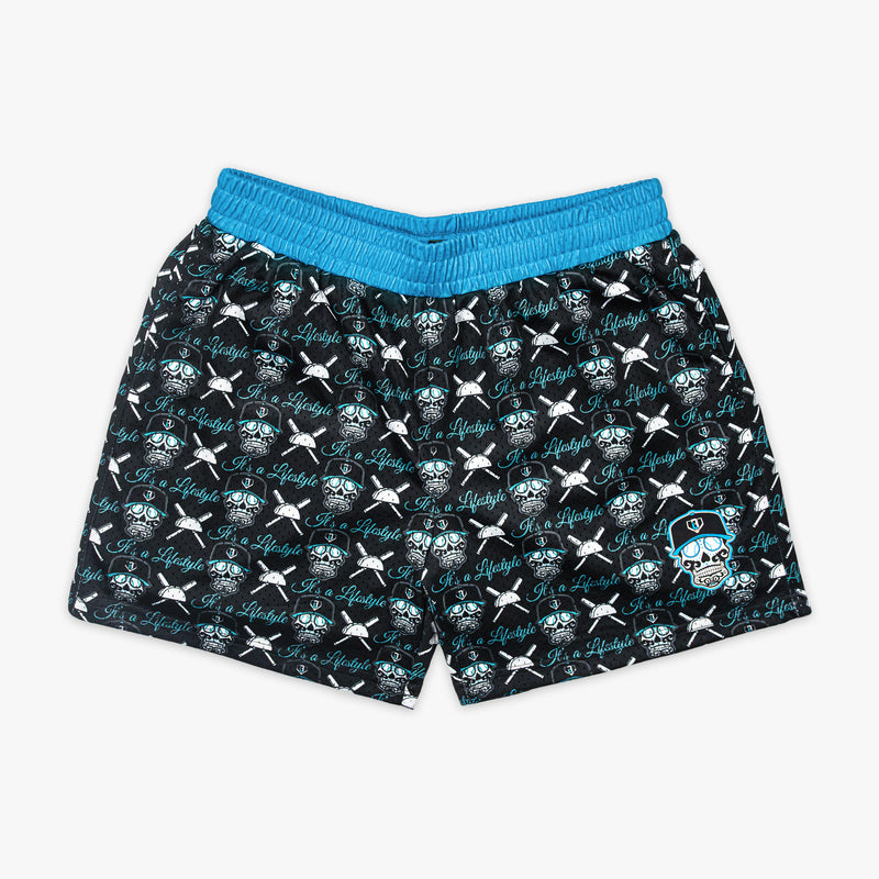 Black and blue shorts with a skull and crossbones pattern on a white background