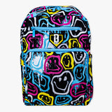 Backpack with colorful graffiti design on a white background