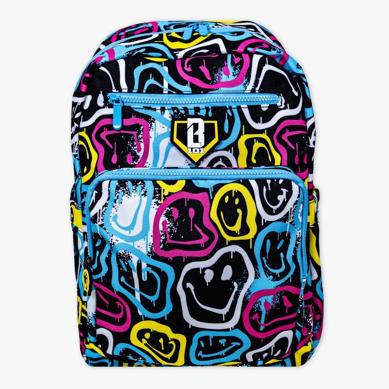 Backpack with colorful graffiti design on a white background
