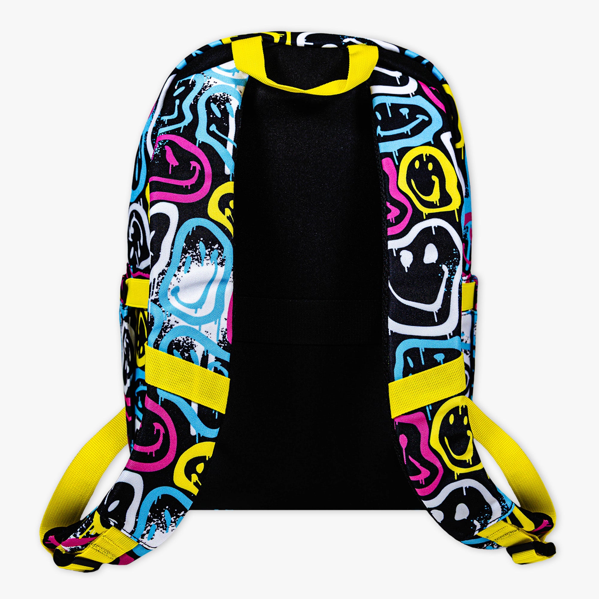 Adult model wearing multi-color backpack with "Smiley Slugger Rotation" design