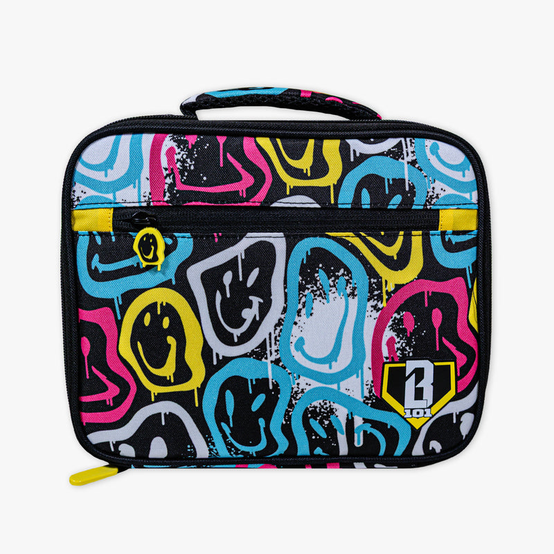 Adult model wearing multi-color lunch box with "Smiley Slugger SZN 2" design