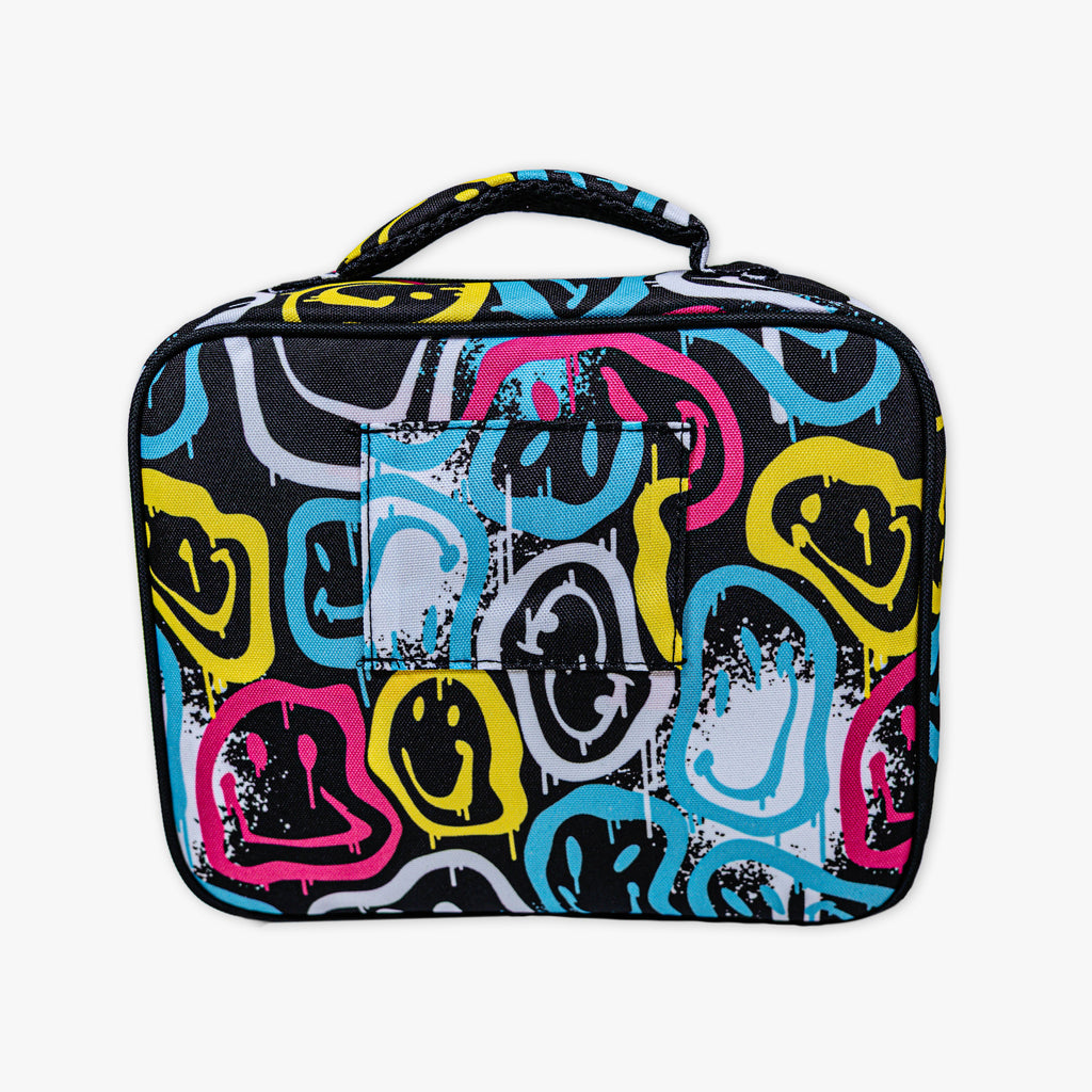 Adult model wearing multi-color lunch box with "Smiley Slugger SZN 2" design