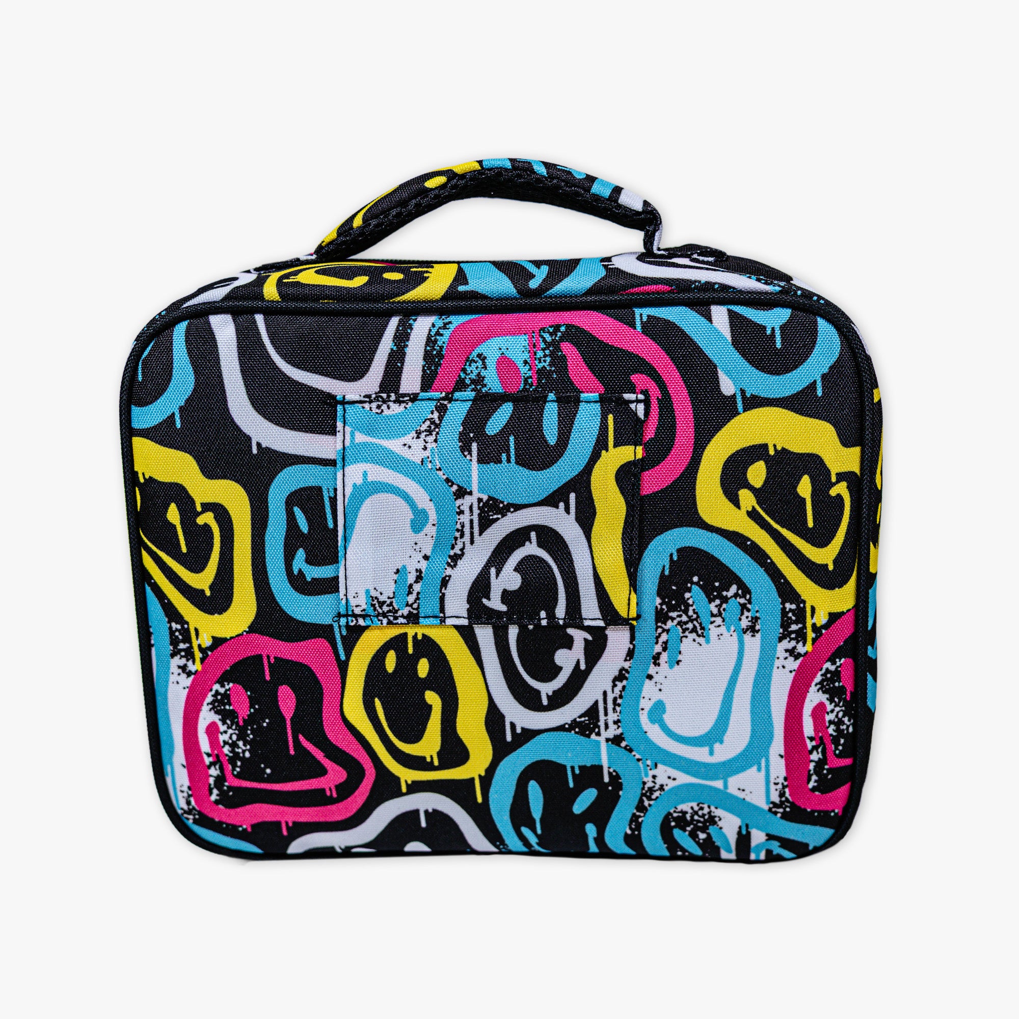 Adult model wearing multi-color lunch box with "Smiley Slugger SZN 2" design