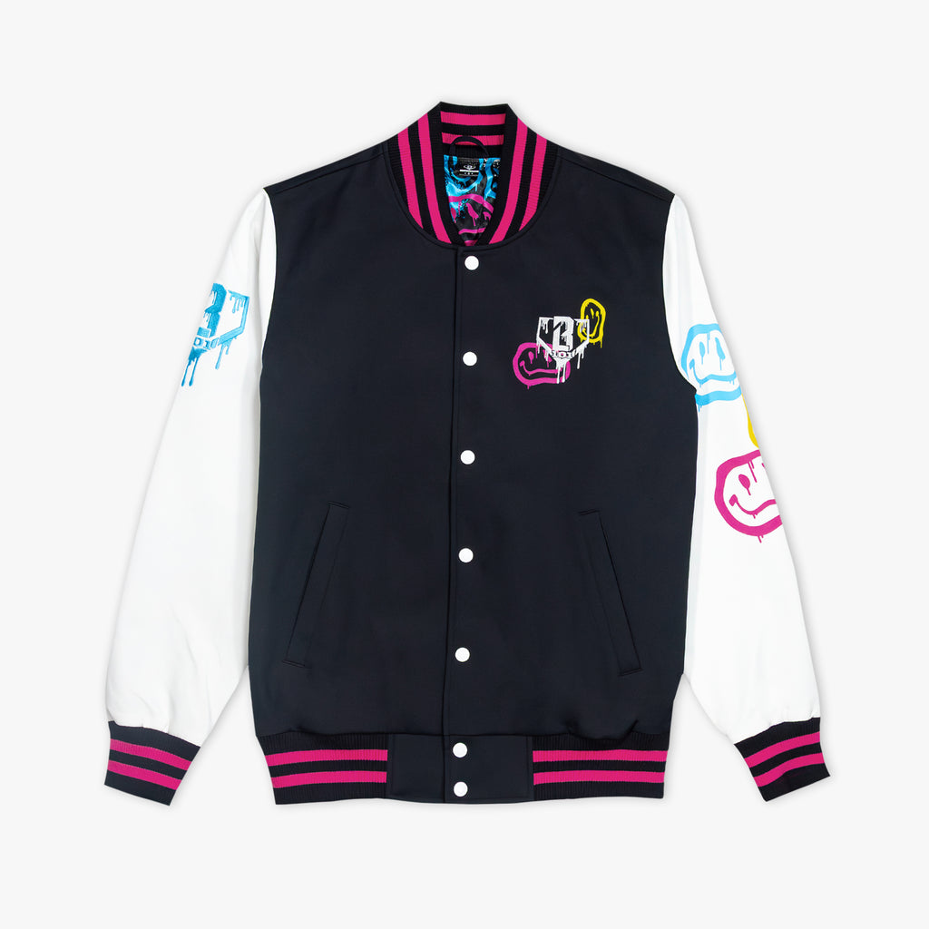 Black, pink and white varsity jacket with colorful designs on sleeves against a white background