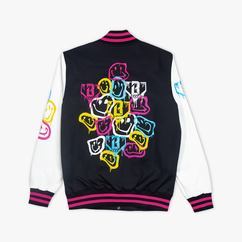 Black varsity jacket with colorful graphic design on a white background