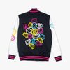 Black varsity jacket with colorful graphic design on a white background