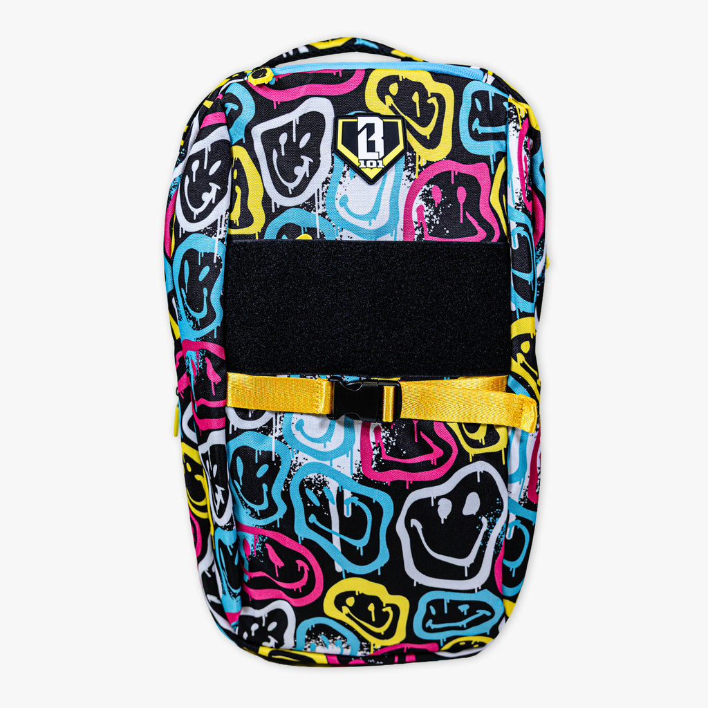 Multi-Color backpack with "Smiley Slugger SZN 2" design — back view
