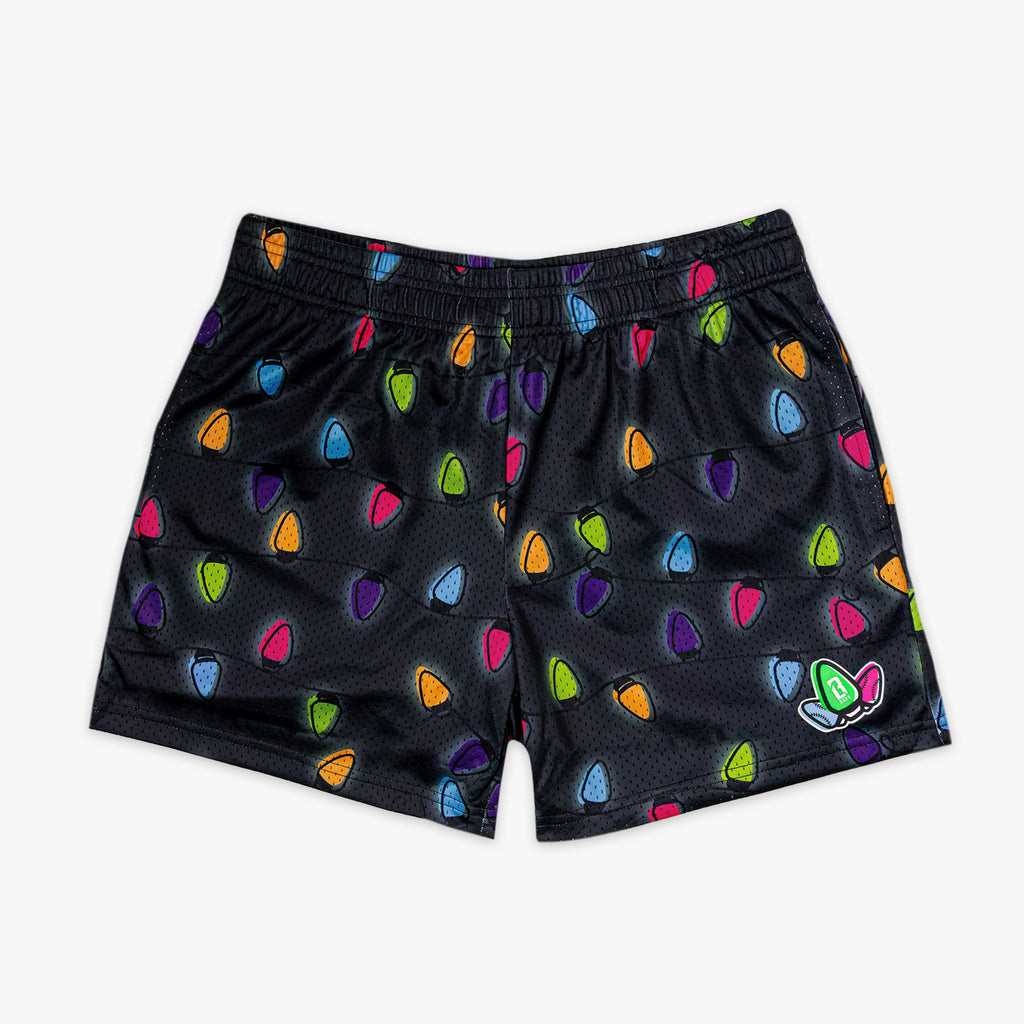 Black shorts with colorful Christmas pattern