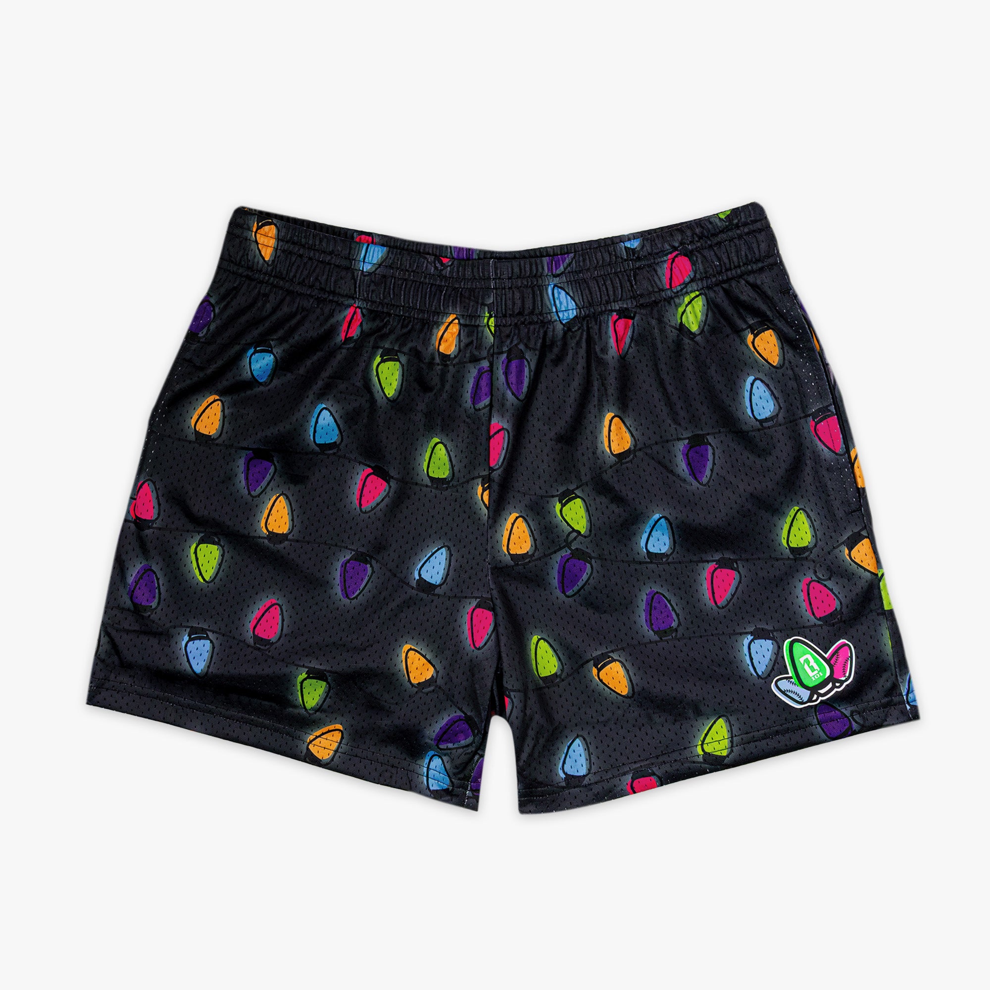 Black shorts with colorful Christmas pattern