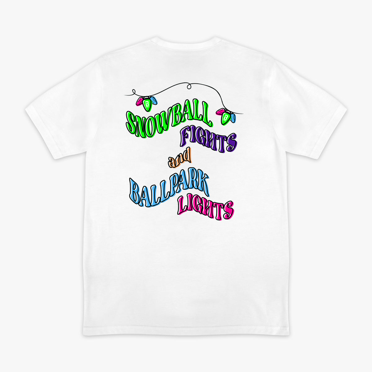 White t-shirt with colorful light design on a white background