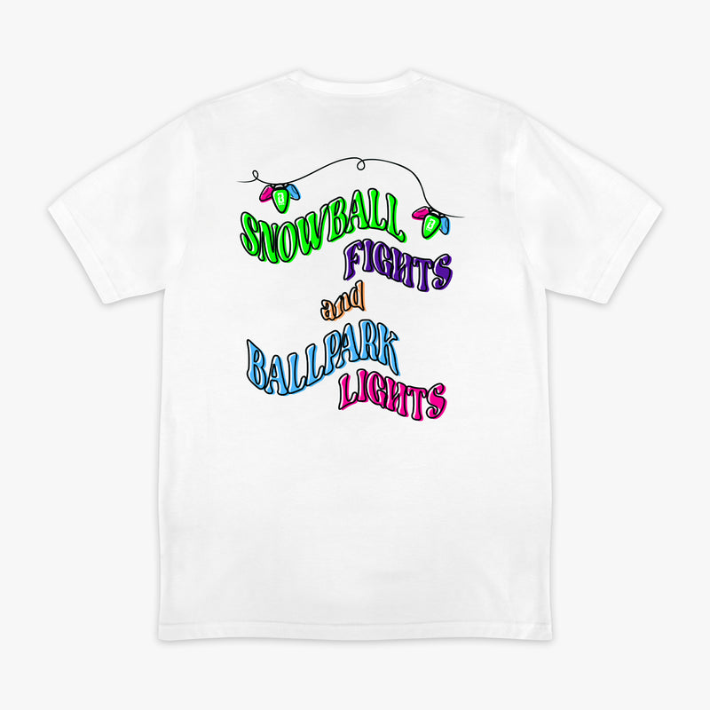 White t-shirt with colorful light design on a white background