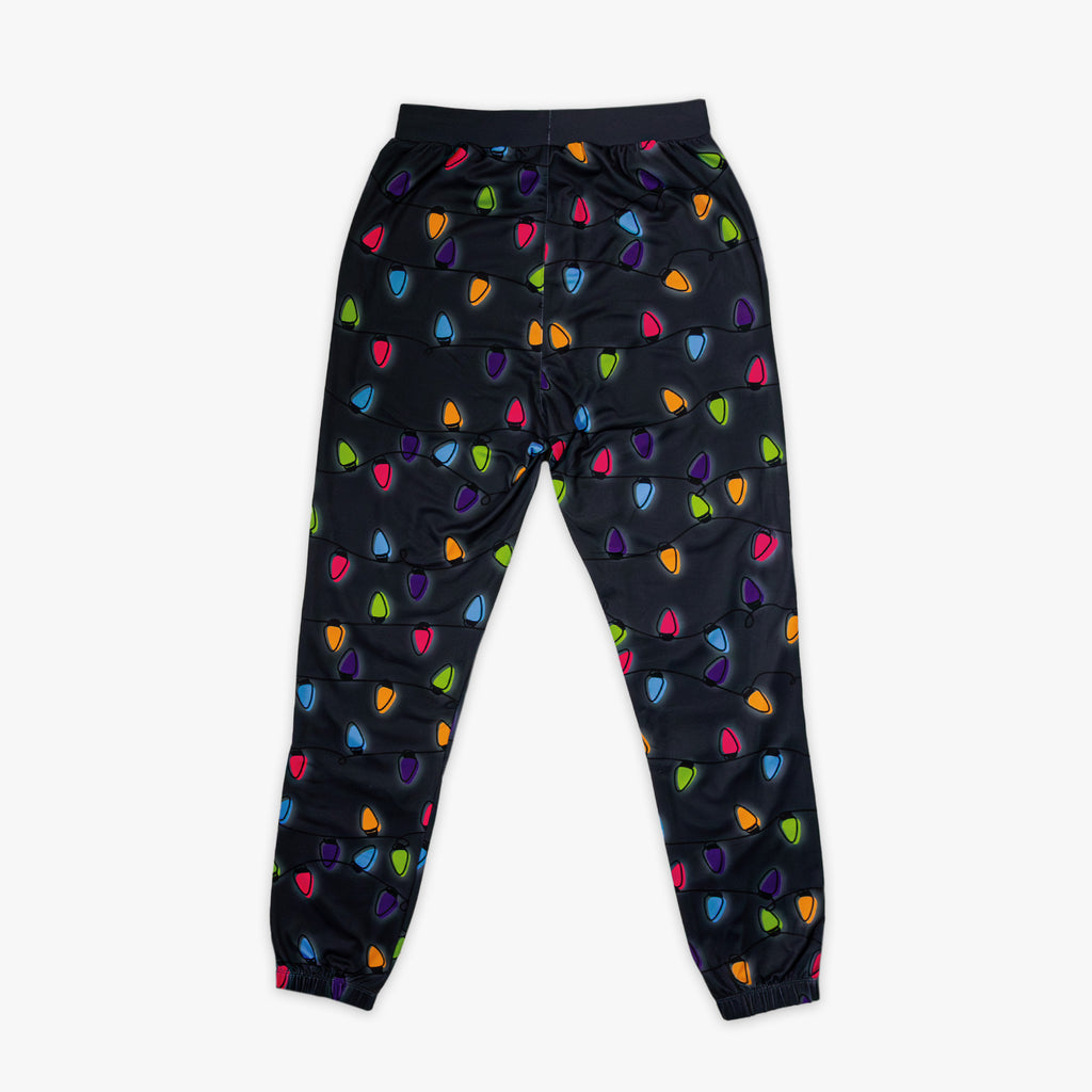 Black jogger pants with colorful Christmas lights 