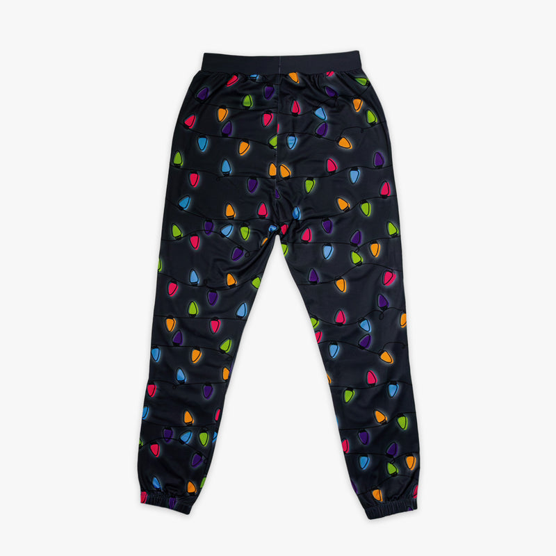 Black jogger pants with colorful Christmas lights 