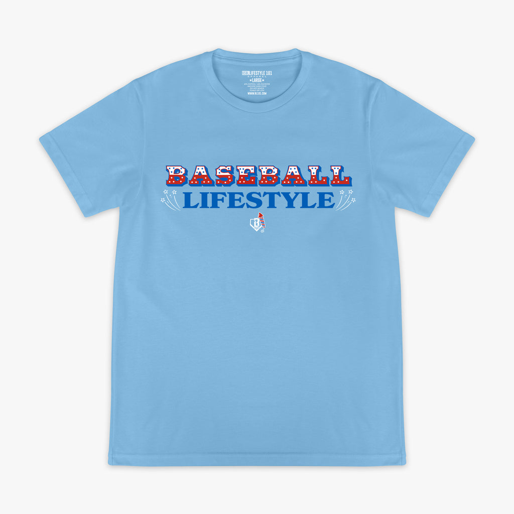 4th of July light blue baseball tee with red, white, and navy blue Baseball Lifestyle graphic