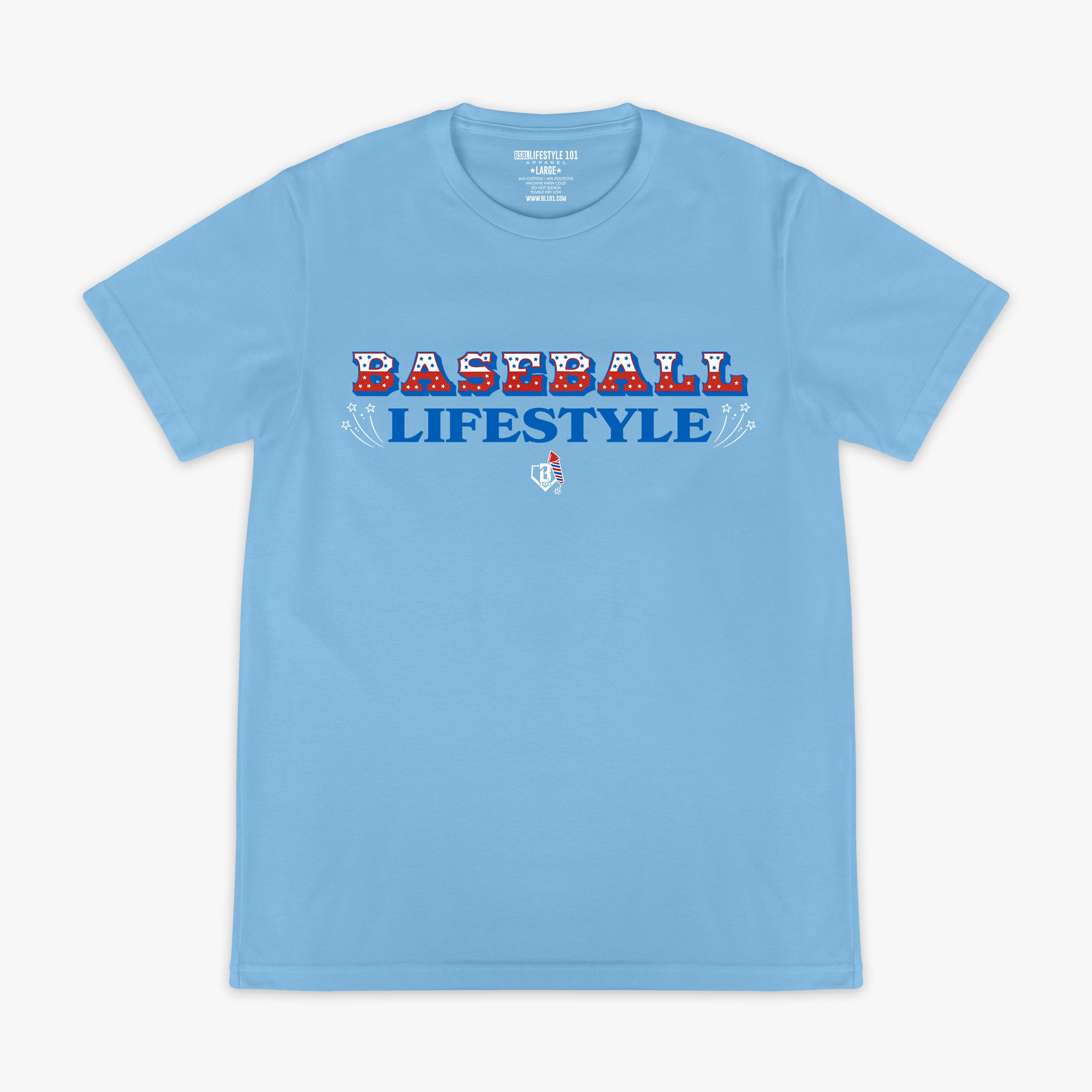4th of July light blue baseball tee with red, white, and navy blue Baseball Lifestyle graphic