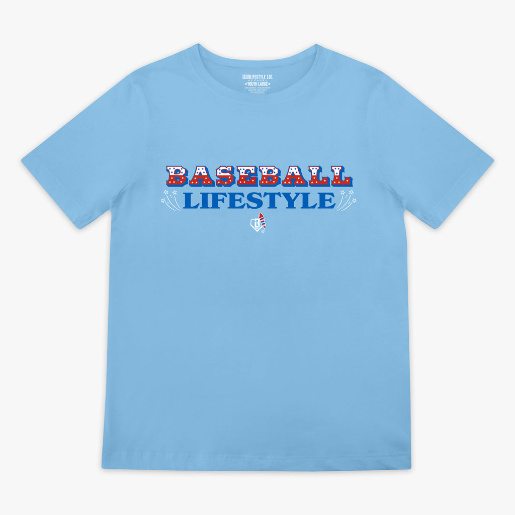 4th of July light blue baseball tee with red, white, and blue Baseball Lifestyle firework sparkler graphic