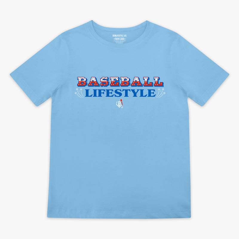 4th of July light blue baseball tee with red, white, and blue Baseball Lifestyle firework sparkler graphic