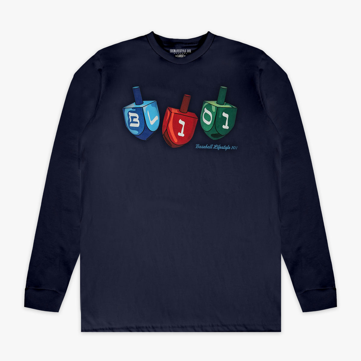 Navy graphic tee with "Spin & Swing Long Sleeve" design - front view