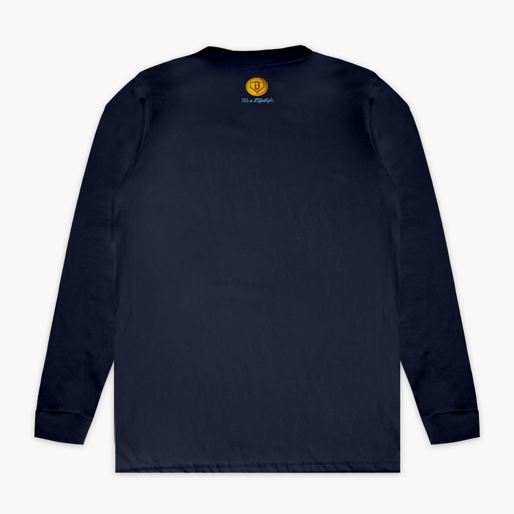 Navy graphic tee with "Spin & Swing Long Sleeve" design - back view