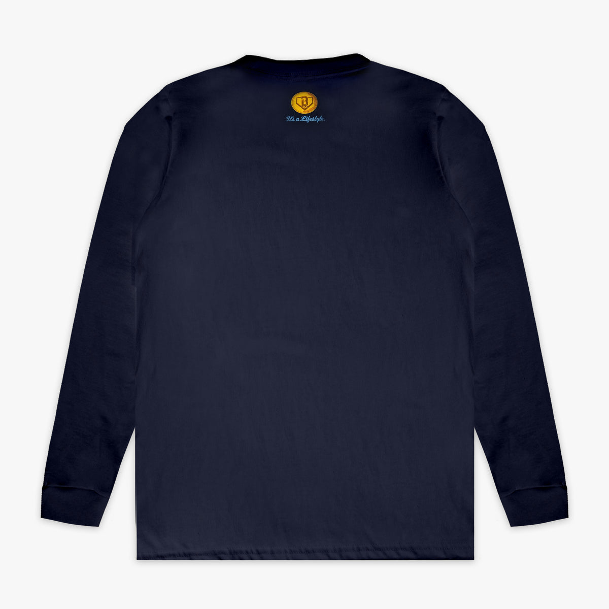 Navy graphic tee with "Spin & Swing Long Sleeve" design - back view