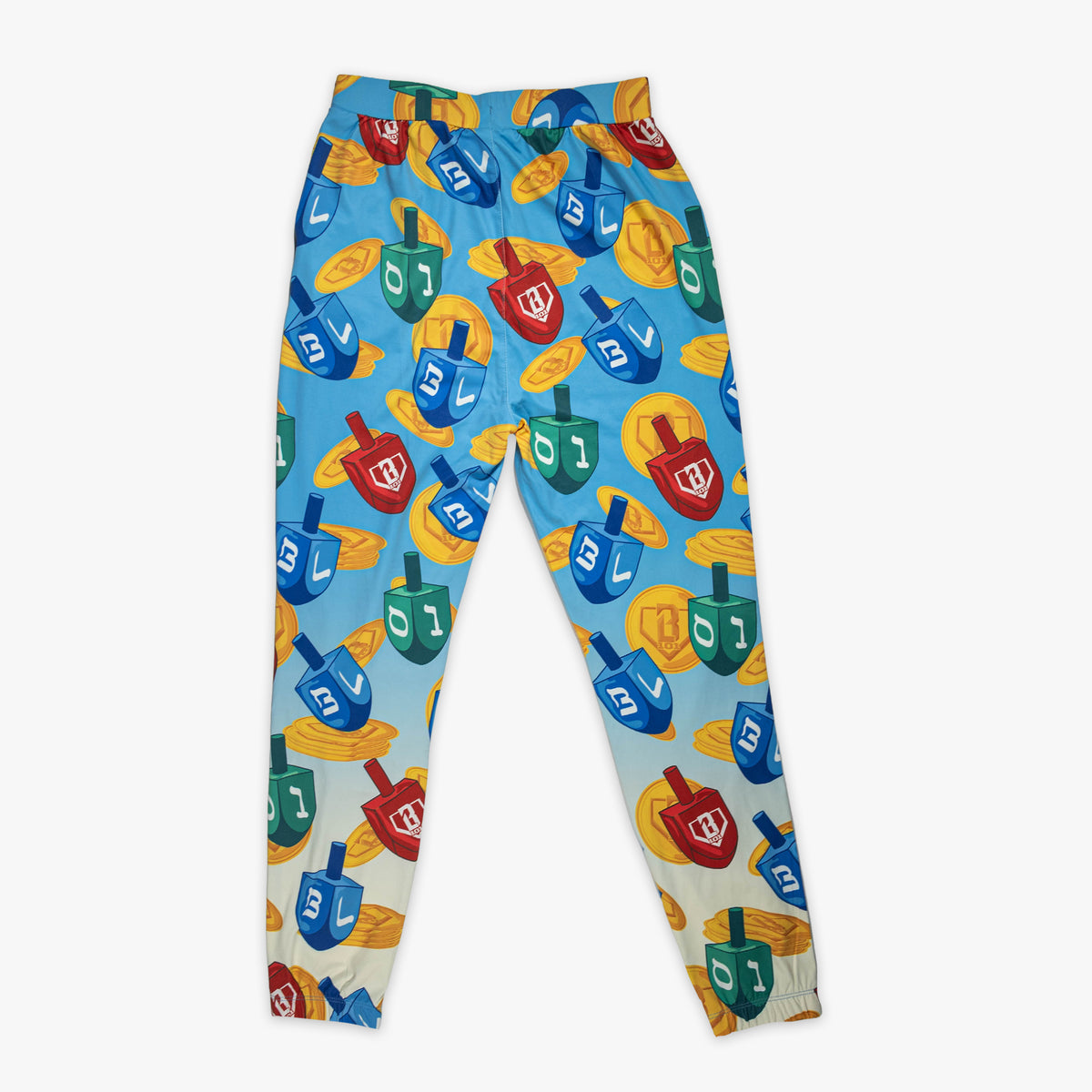 Blue pajama pants with "Spin & Swing" design — back view