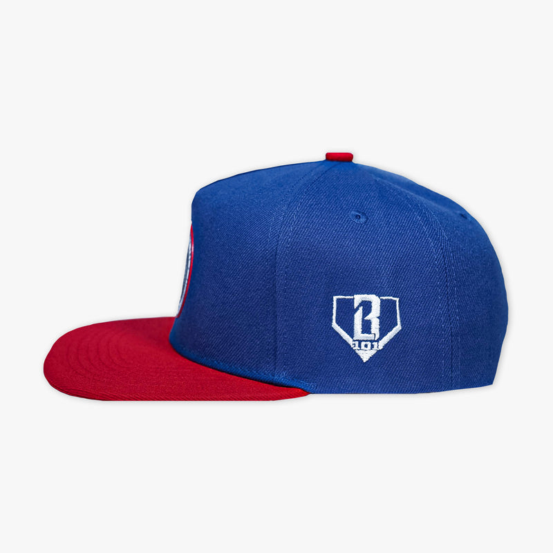 Men's 4th of July snapback hat, navy blue and red flat bill cap with Baseball Lifestyle 101 logo