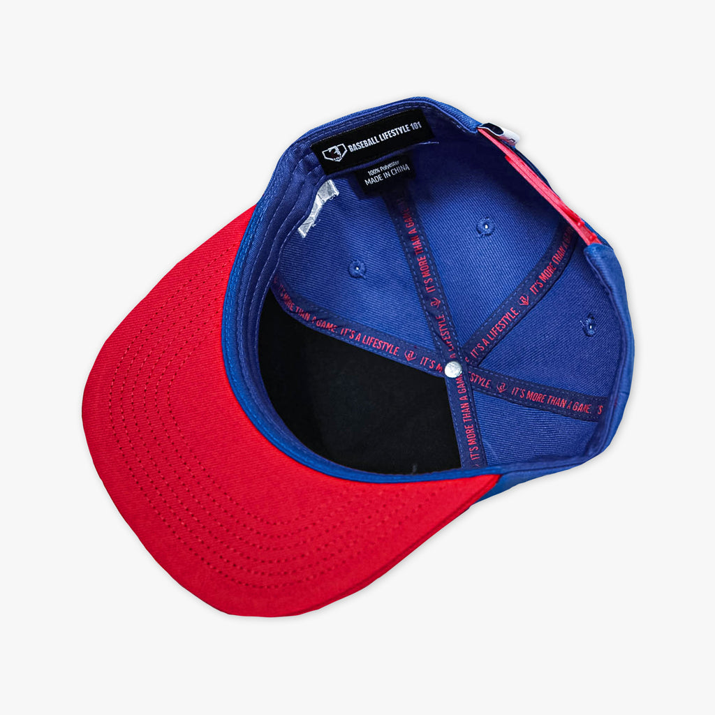 Interior view of navy blue and red snapback Baseball Lifestyle 101 inner tape
