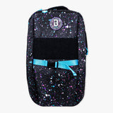Black backpack with colorful speckles and a blue strap on a white background