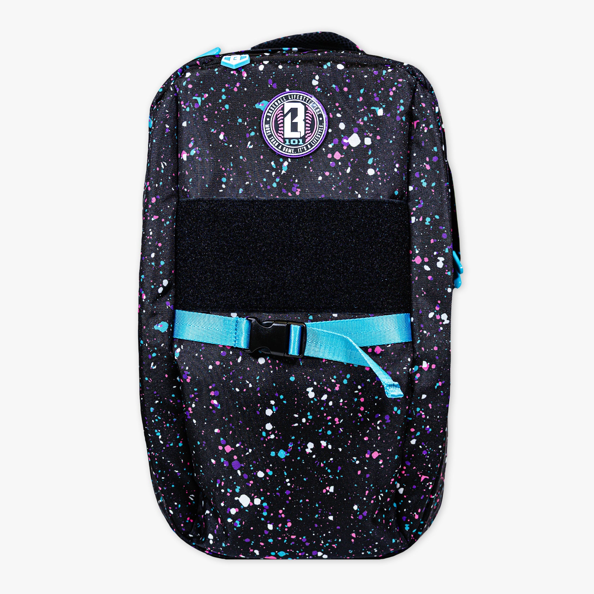 Black backpack with colorful speckles and a blue strap on a white background