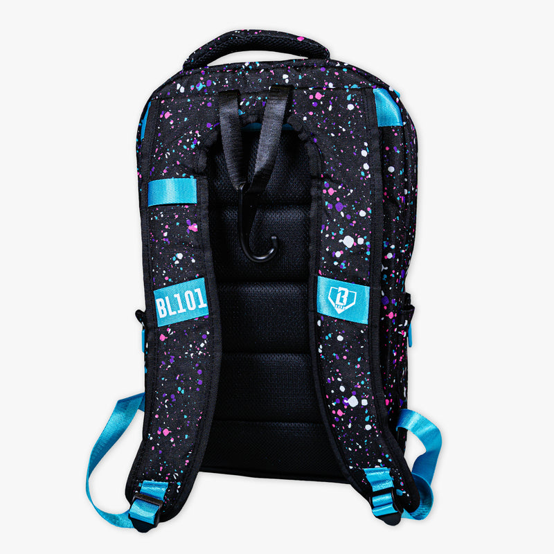 Adult model wearing black backpack with "Splatter SZN 2" design