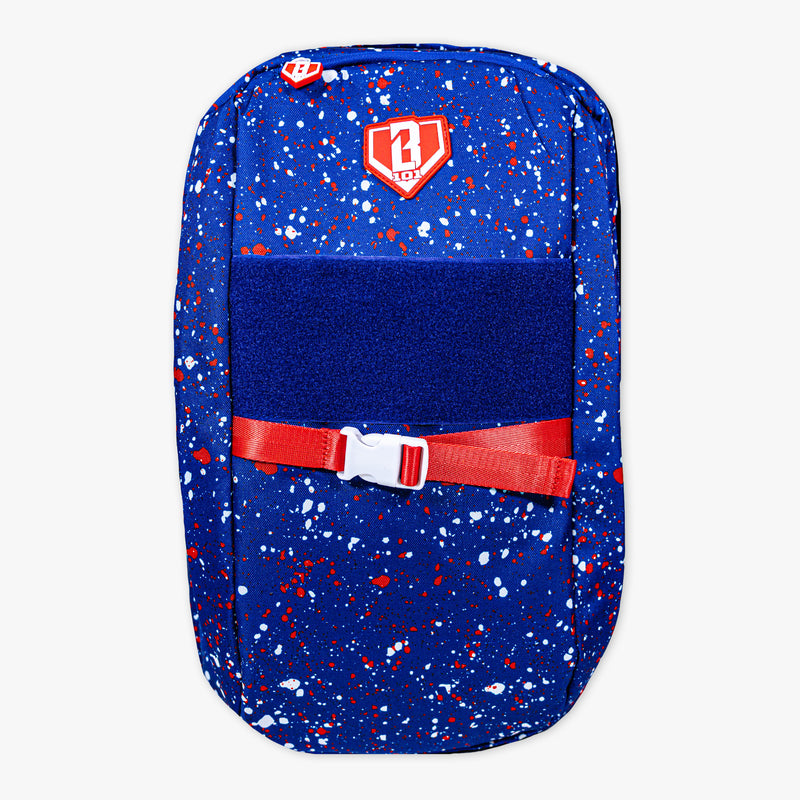 Adult model wearing blue backpack with "Splatter SZN 2" design