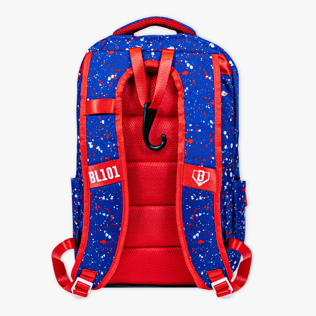 Adult model wearing blue backpack with "Splatter SZN 2" design