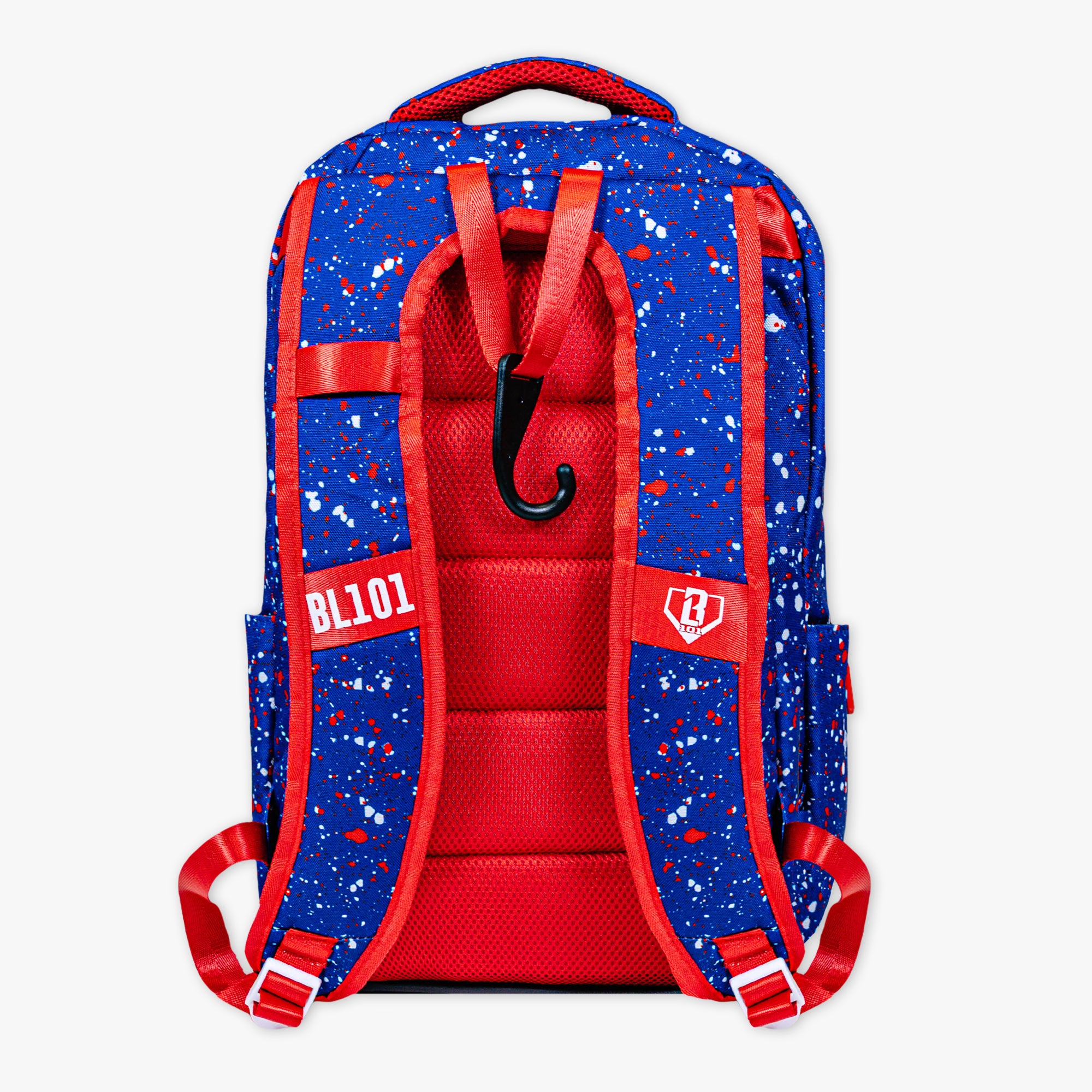 Adult model wearing blue backpack with "Splatter SZN 2" design